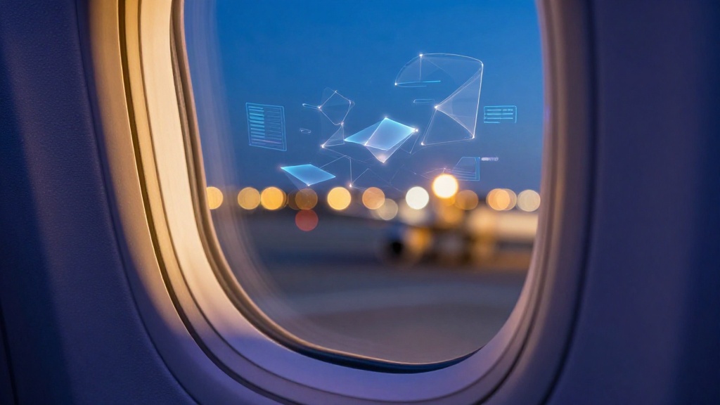 Иллюстрация к статье об авиакомпании Air Astana: вид из иллюминатора самолёта в сумеречных тонах с абстрактными цифровыми элементами