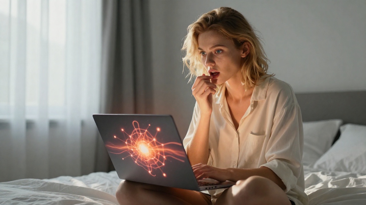 Молодая женщина за ноутбуком с визуализацией энергии TRON, утренний свет и оранжевое цифровое свечение на лице